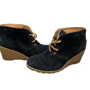 Sperry Black Suede Wedge Ankle Booties with Tan Laces
